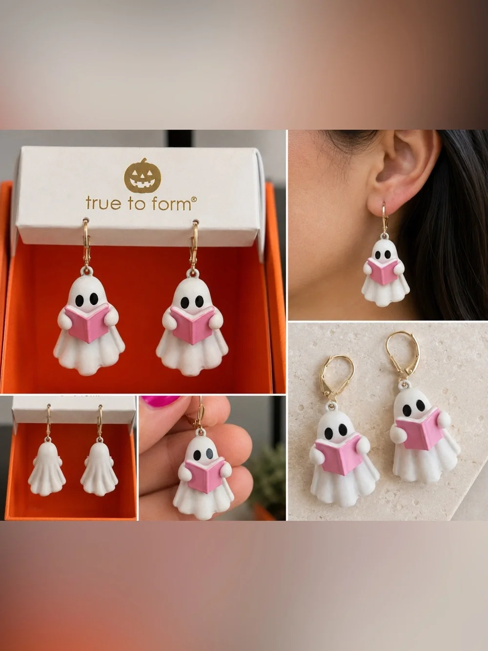 True to Form | Ghost Book Lover Halloween Leverback Dangle Earrings 👻📚 - Picture 1 of 9